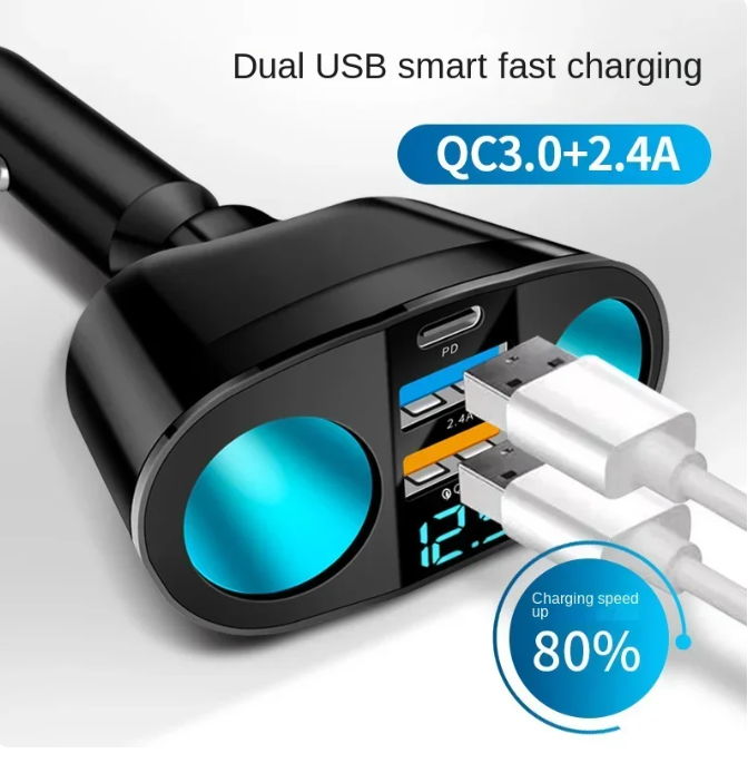Adaptador Cargador Vehiculo, 12v-24v, 2 Puertos Usb, Tipo C