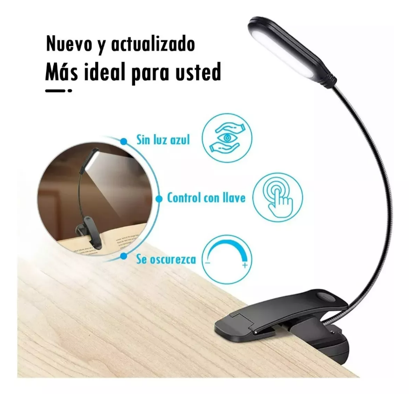 Luz Led Lectura Lampara Libros Clip Recargable Linterna Usb
