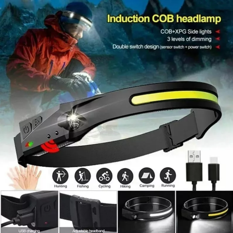 Linterna Frontal Camping Cabeza Minera Cob + Led Recargable