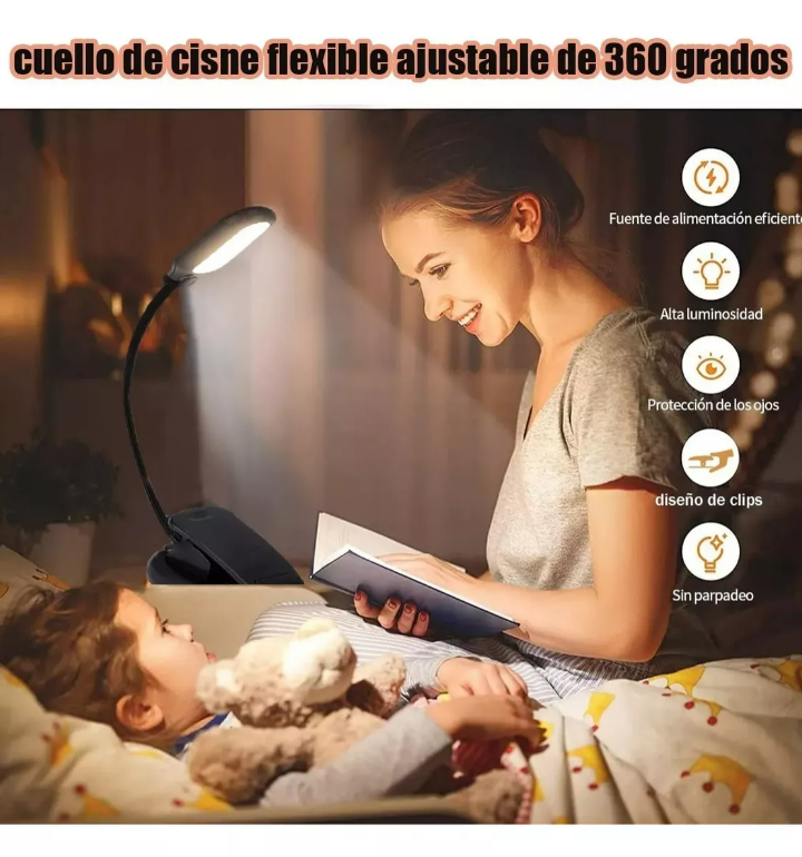 Luz Led Lectura Lampara Libros Clip Recargable Linterna Usb