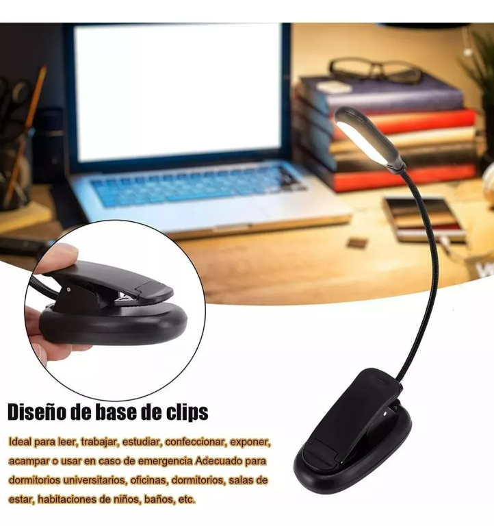 Luz Led Lectura Lampara Libros Clip A Pilas Flexible Usb